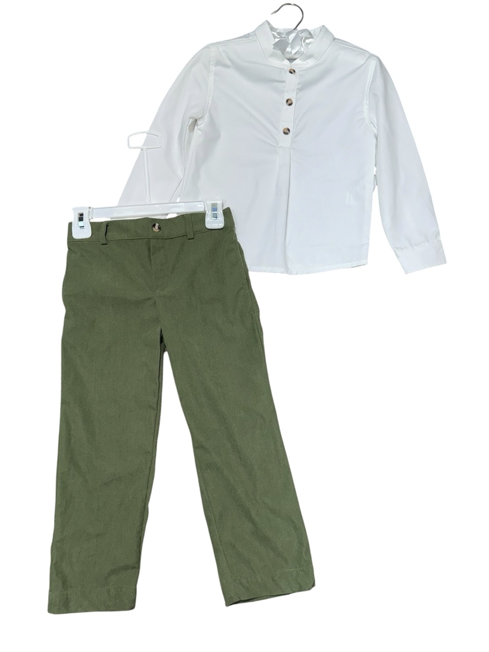 Edgehill Collection Boys Sz 5 Outfit White Mock Neck Shirt Olive Pants 2 Piece